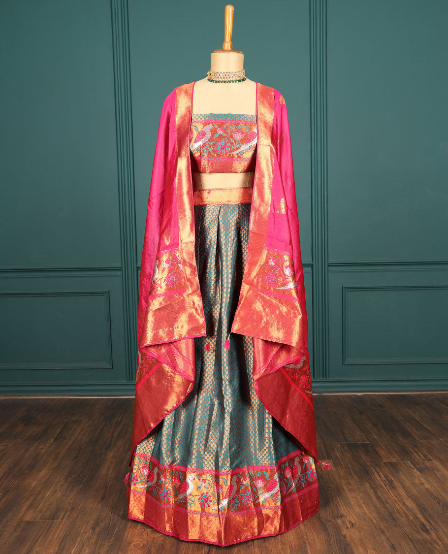 Blue jacquard art silk half saree,contrast blouse & border of bird design & stone work & intricate dhavani