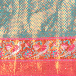 Blue jacquard art silk half saree,contrast blouse & border of bird design & stone work & intricate dhavani