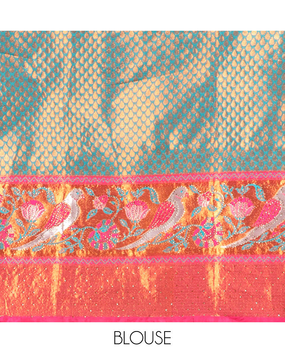 Blue jacquard art silk half saree,contrast blouse & border of bird design & stone work & intricate dhavani