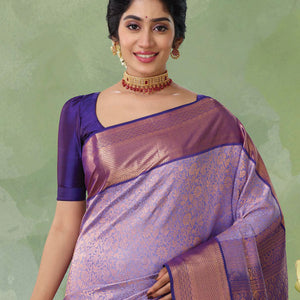 Violet jacquard kanchipuram silk saree, contrast jaal pallu & border of thilakam, neli kathir & jaal