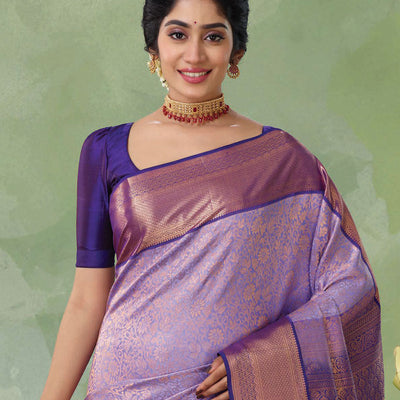 Violet jacquard kanchipuram silk saree, contrast jaal pallu & border of thilakam, neli kathir & jaal