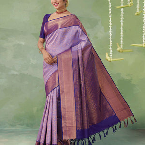 Violet jacquard kanchipuram silk saree, contrast jaal pallu & border of thilakam, neli kathir & jaal