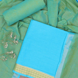 Blue chudidhar material set, traditional border top, contrast solid bottom & zari strip border dupatta