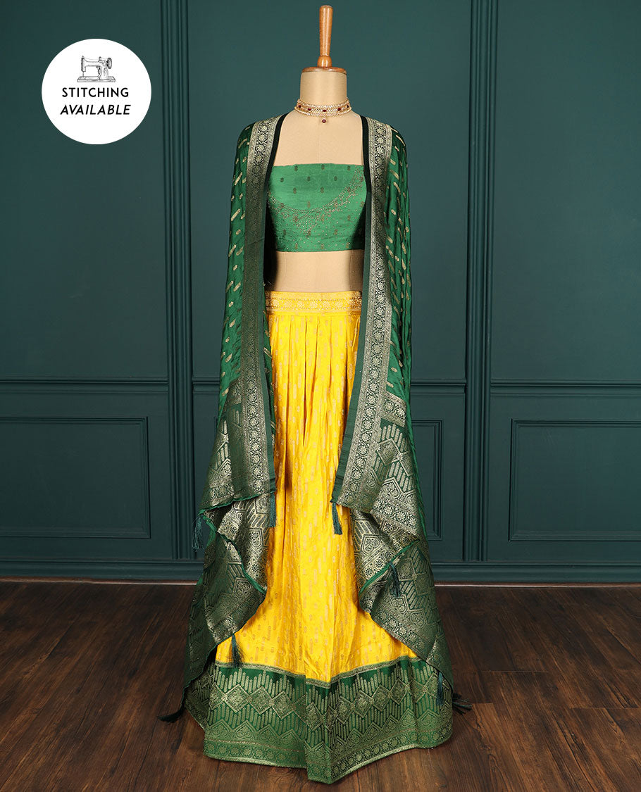 Yellow buttas art-silk half-saree, contrast traditional stonework border,buttas & stonework blouse & intricate dupatta