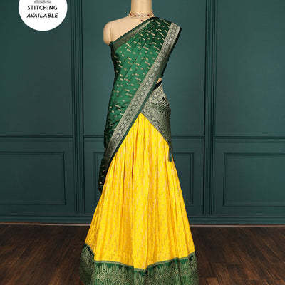 Yellow buttas art-silk half-saree, contrast traditional stonework border,buttas & stonework blouse & intricate dupatta