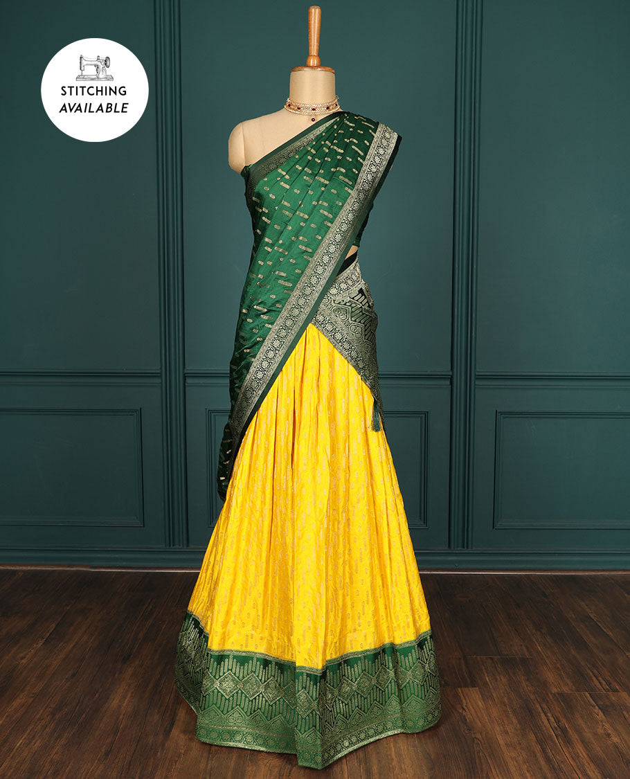 Yellow buttas art-silk half-saree, contrast traditional stonework border,buttas & stonework blouse & intricate dupatta