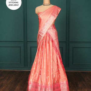 Pink zari buttas art silk half saree, traditional patterned border, zari design blouse & intricate dupatta