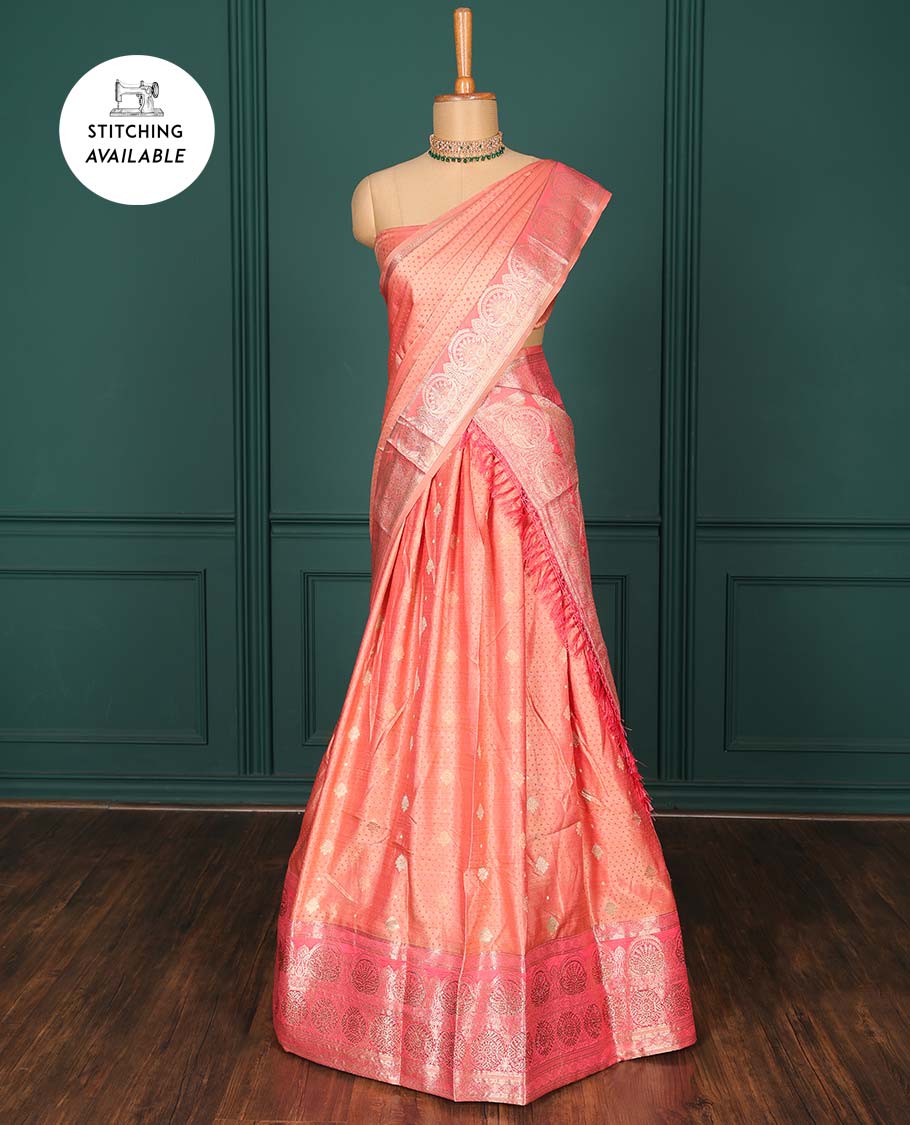 Pink zari buttas art silk half saree, traditional patterned border, zari design blouse & intricate dupatta