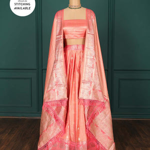 Pink zari buttas art silk half saree, traditional patterned border, zari design blouse & intricate dupatta