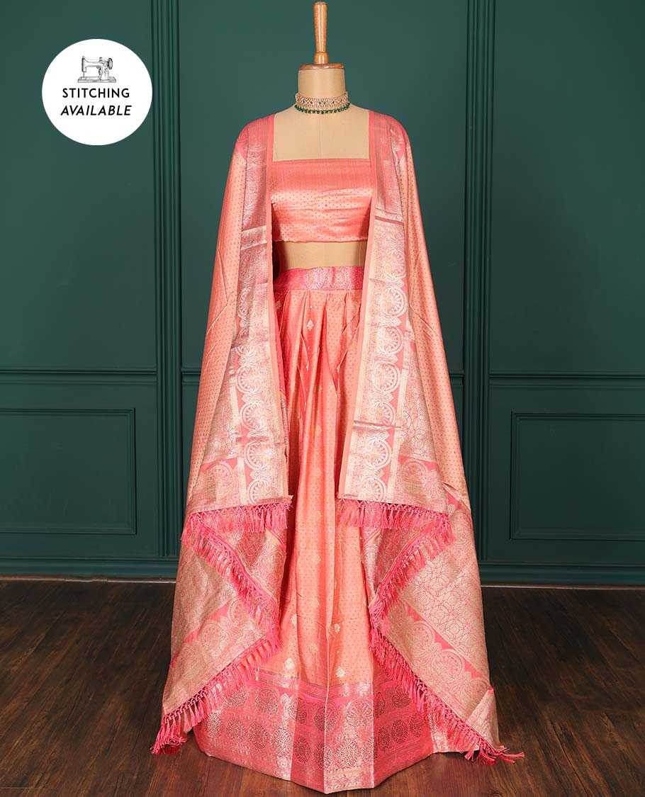 Pink zari buttas art silk half saree, traditional patterned border, zari design blouse & intricate dupatta