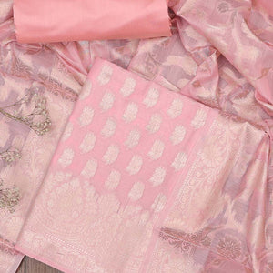 Pink chudidhar material set, jacquard banaras top, plain bottom & floral jaal jacquard dupatta