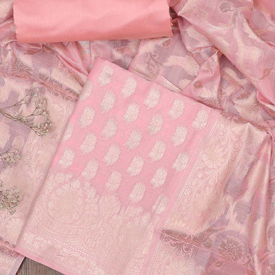 Pink chudidhar material set, jacquard banaras top, plain bottom & floral jaal jacquard dupatta