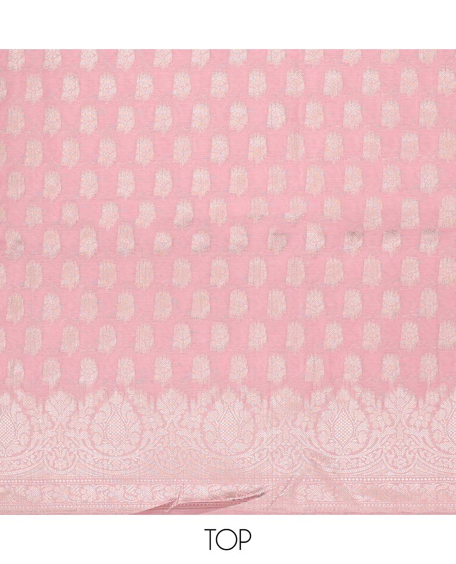 Pink chudidhar material set, jacquard banaras top, plain bottom & floral jaal jacquard dupatta
