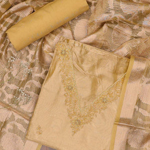 Sandal chudidhar material set, embroidered v-neck top, plain bottom & zari design dupatta