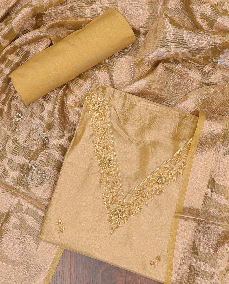 Sandal chudidhar material set, embroidered v-neck top, plain bottom & zari design dupatta