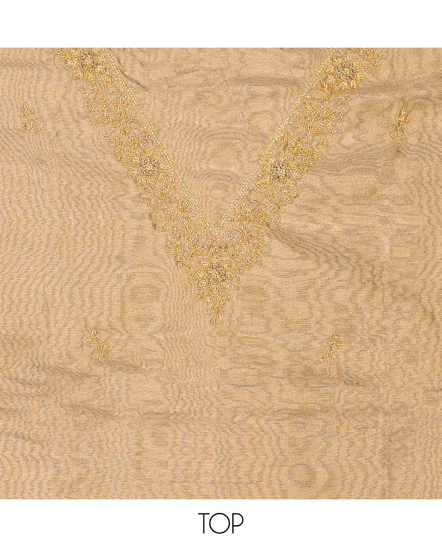 Sandal chudidhar material set, embroidered v-neck top, plain bottom & zari design dupatta