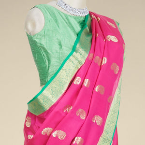 Purple paisley zari buttas mysore silk saree, contrast paisley design zari border & pallu of intricate zari designs