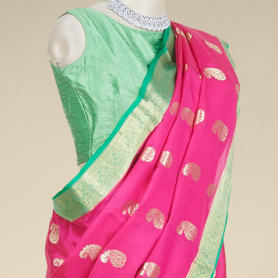 Purple paisley zari buttas mysore silk saree, contrast paisley design zari border & pallu of intricate zari designs