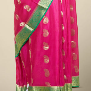 Purple paisley zari buttas mysore silk saree, contrast paisley design zari border & pallu of intricate zari designs