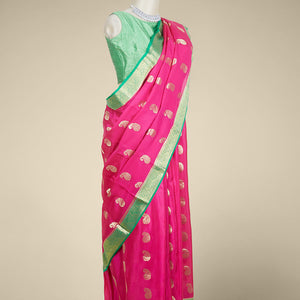 Purple paisley zari buttas mysore silk saree, contrast paisley design zari border & pallu of intricate zari designs