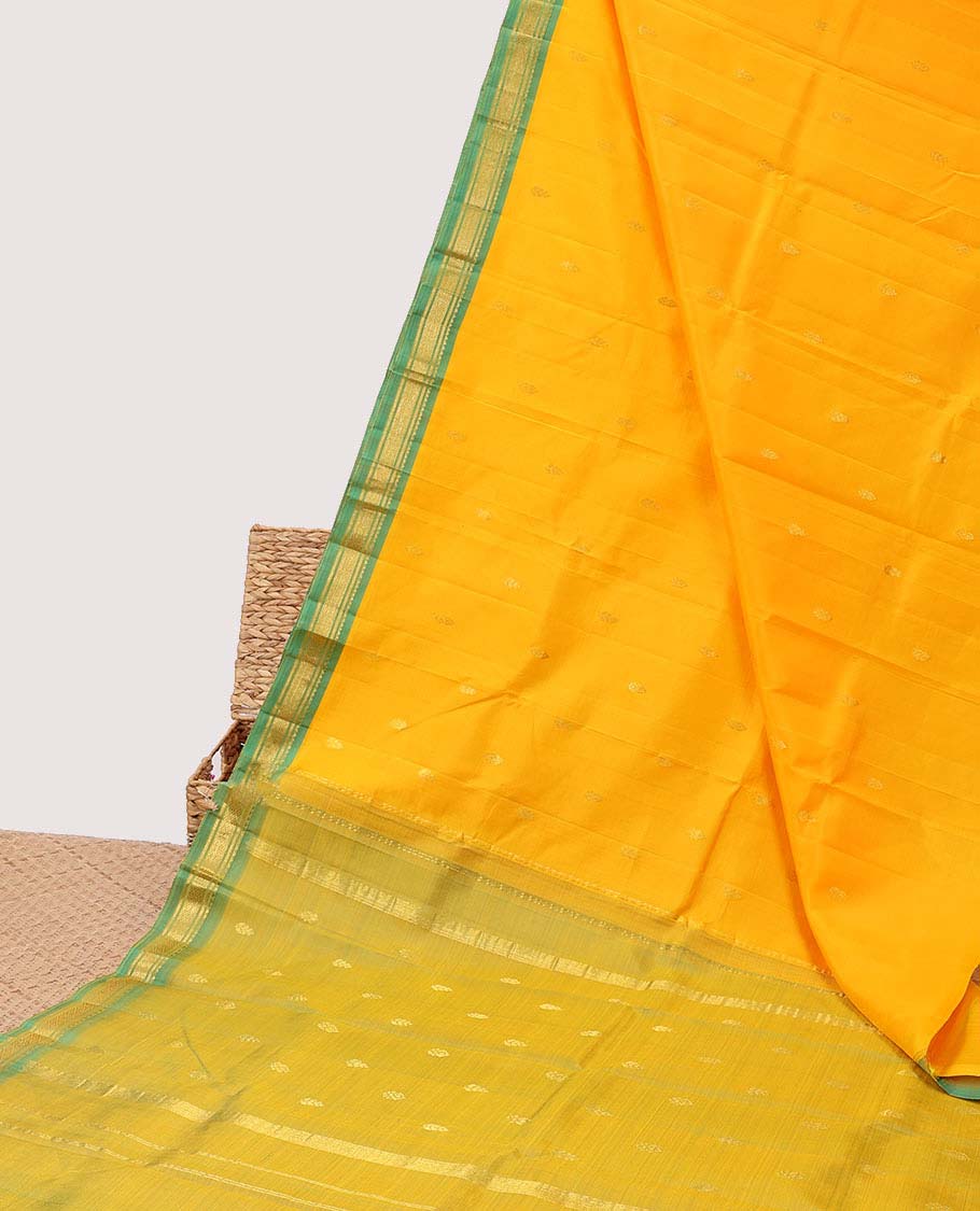 Orange zari buttas silk saree, contrast zari design pallu & zari border of rekku,banaras & mayil kann designs
