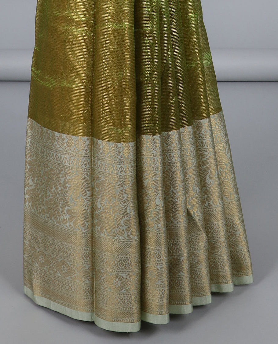 Green jacquard semi-banaras tissue saree, contrast traditional design zari border & pallu of intricate designs