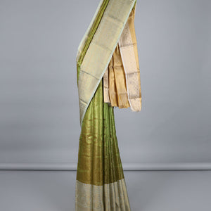 Green jacquard semi-banaras tissue saree, contrast traditional design zari border & pallu of intricate designs