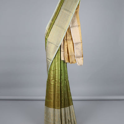 Green jacquard semi-banaras tissue saree, contrast traditional design zari border & pallu of intricate designs