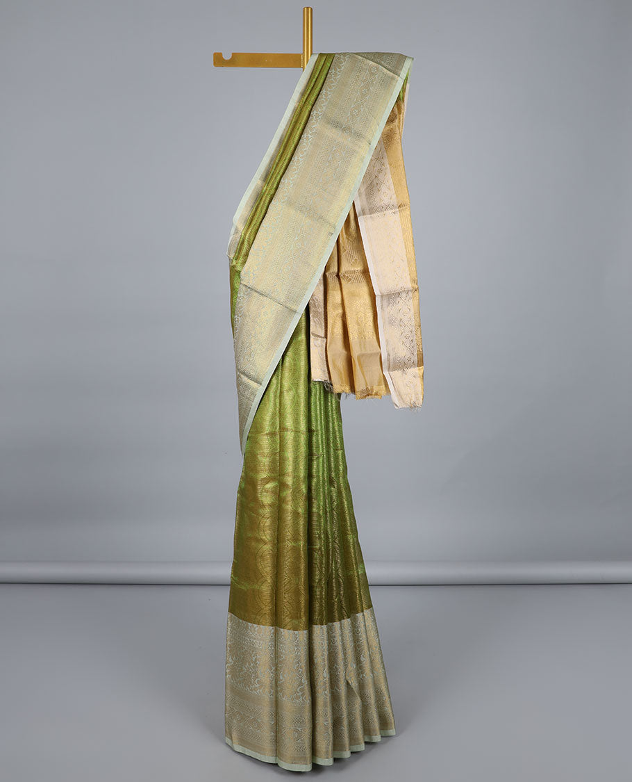 Green jacquard semi-banaras tissue saree, contrast traditional design zari border & pallu of intricate designs