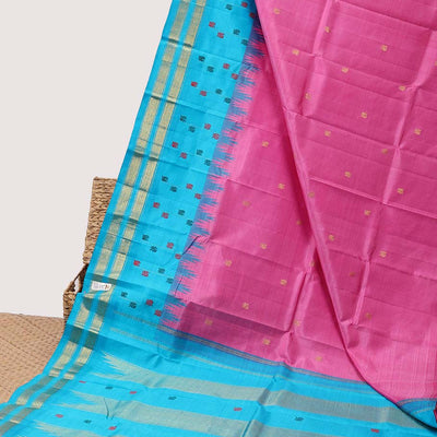 Pink zari buttas silk saree, contrast zari design pallu & rettai pettu border of muthu & diamond designs