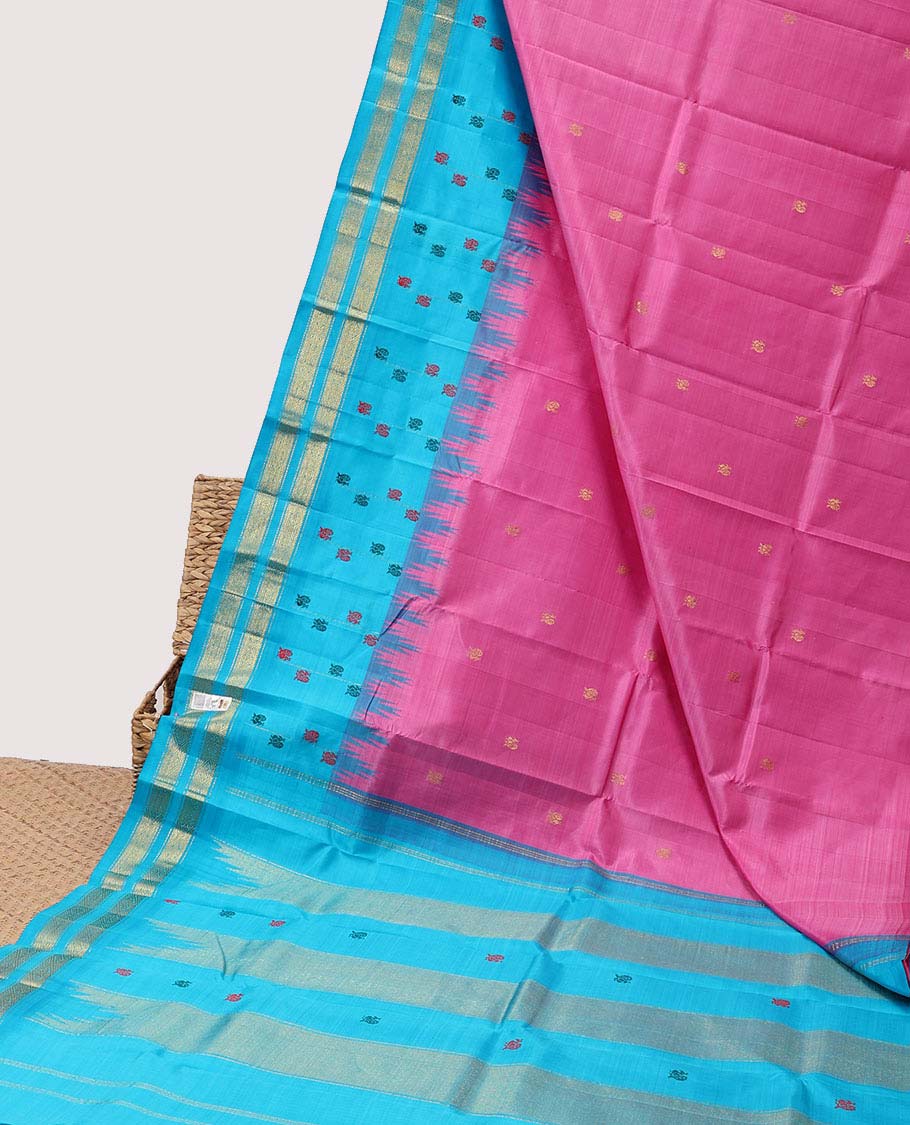 Pink zari buttas silk saree, contrast zari design pallu & rettai pettu border of muthu & diamond designs