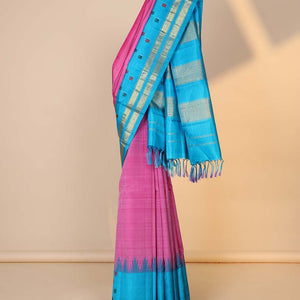 Pink zari buttas silk saree, contrast zari design pallu & rettai pettu border of muthu & diamond designs