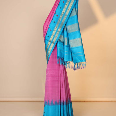 Pink zari buttas silk saree, contrast zari design pallu & rettai pettu border of muthu & diamond designs