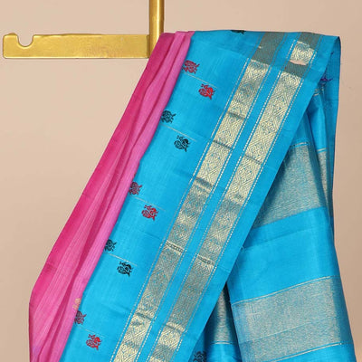 Pink zari buttas silk saree, contrast zari design pallu & rettai pettu border of muthu & diamond designs