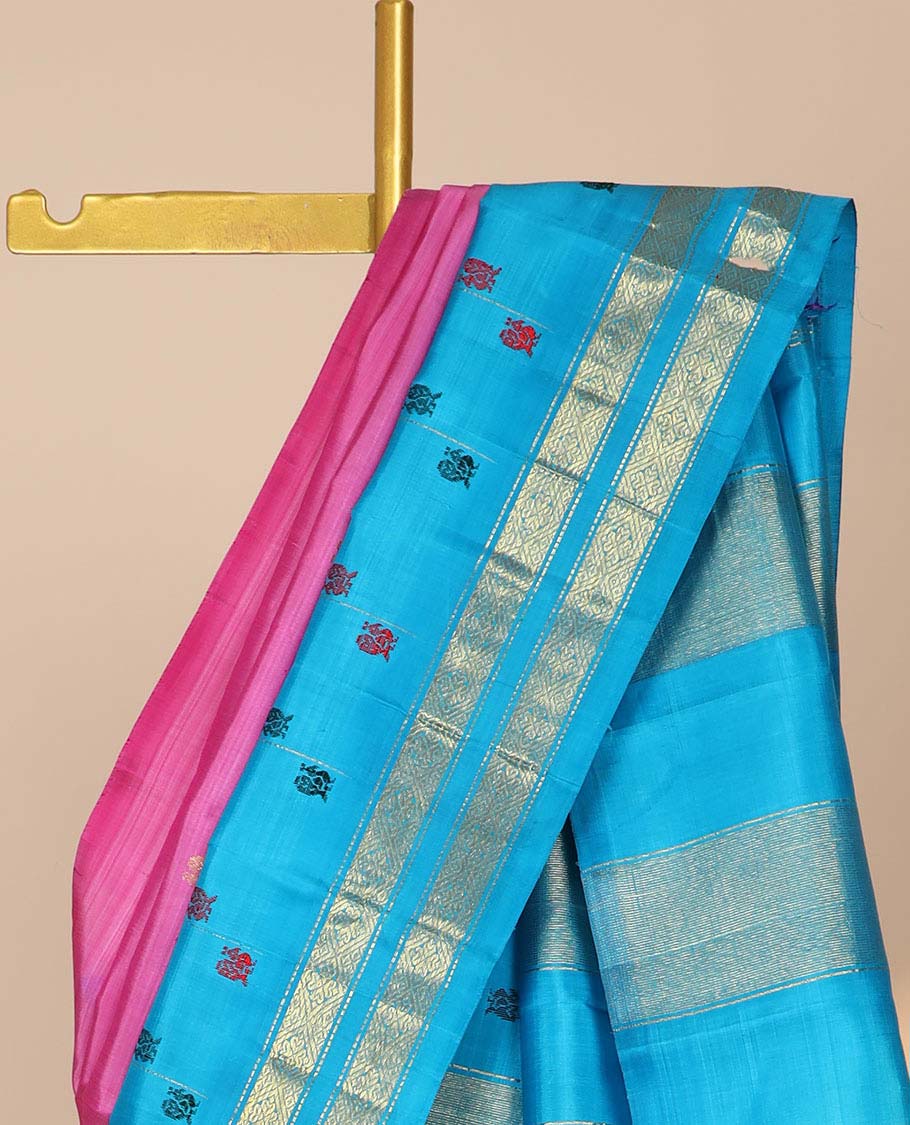 Pink zari buttas silk saree, contrast zari design pallu & rettai pettu border of muthu & diamond designs
