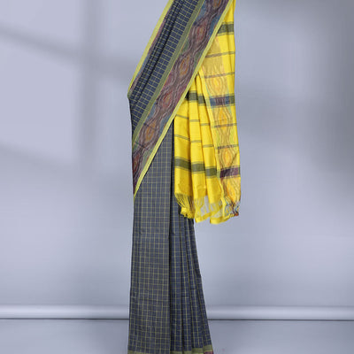 Blue checked kuppadam cotton saree, ikkat border & contrast pallu of stripes