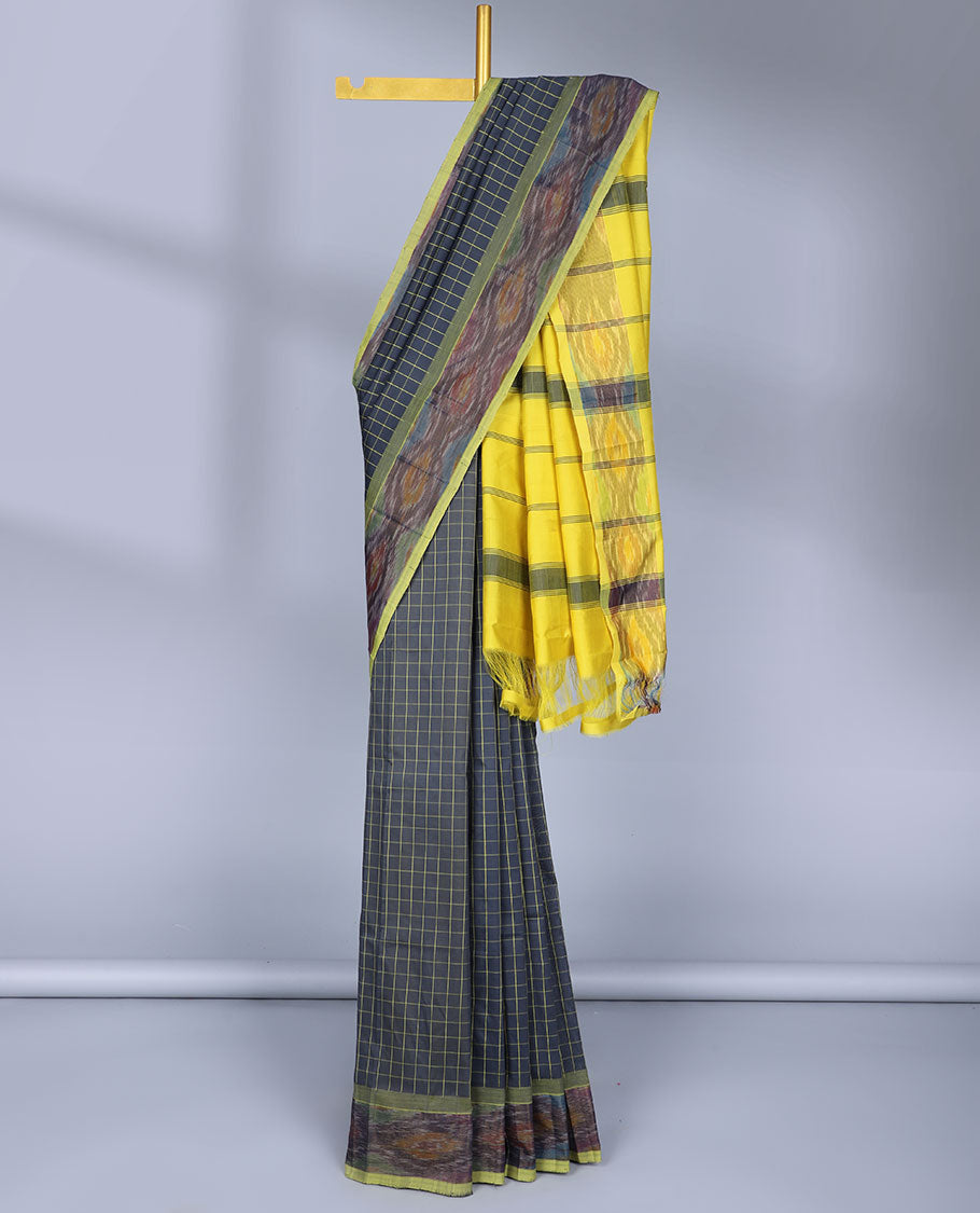 Blue checked kuppadam cotton saree, ikkat border & contrast pallu of stripes