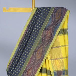 Blue checked kuppadam cotton saree, ikkat border & contrast pallu of stripes