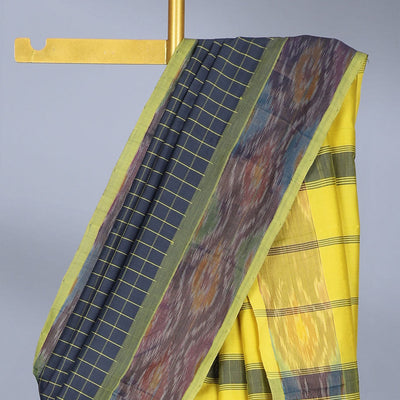 Blue checked kuppadam cotton saree, ikkat border & contrast pallu of stripes