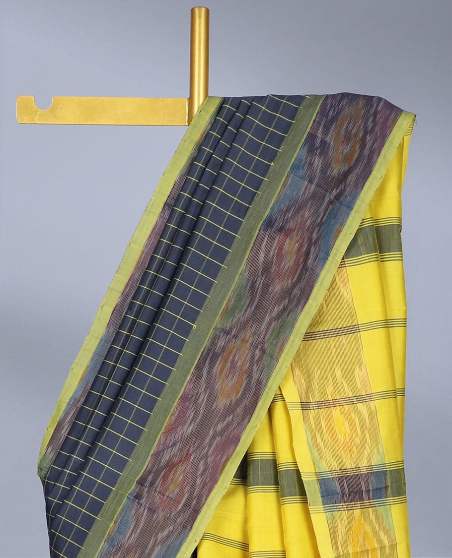 Blue checked kuppadam cotton saree, ikkat border & contrast pallu of stripes
