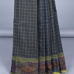 Blue checked kuppadam cotton saree, ikkat border & contrast pallu of stripes
