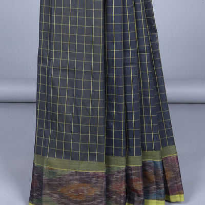Blue checked kuppadam cotton saree, ikkat border & contrast pallu of stripes