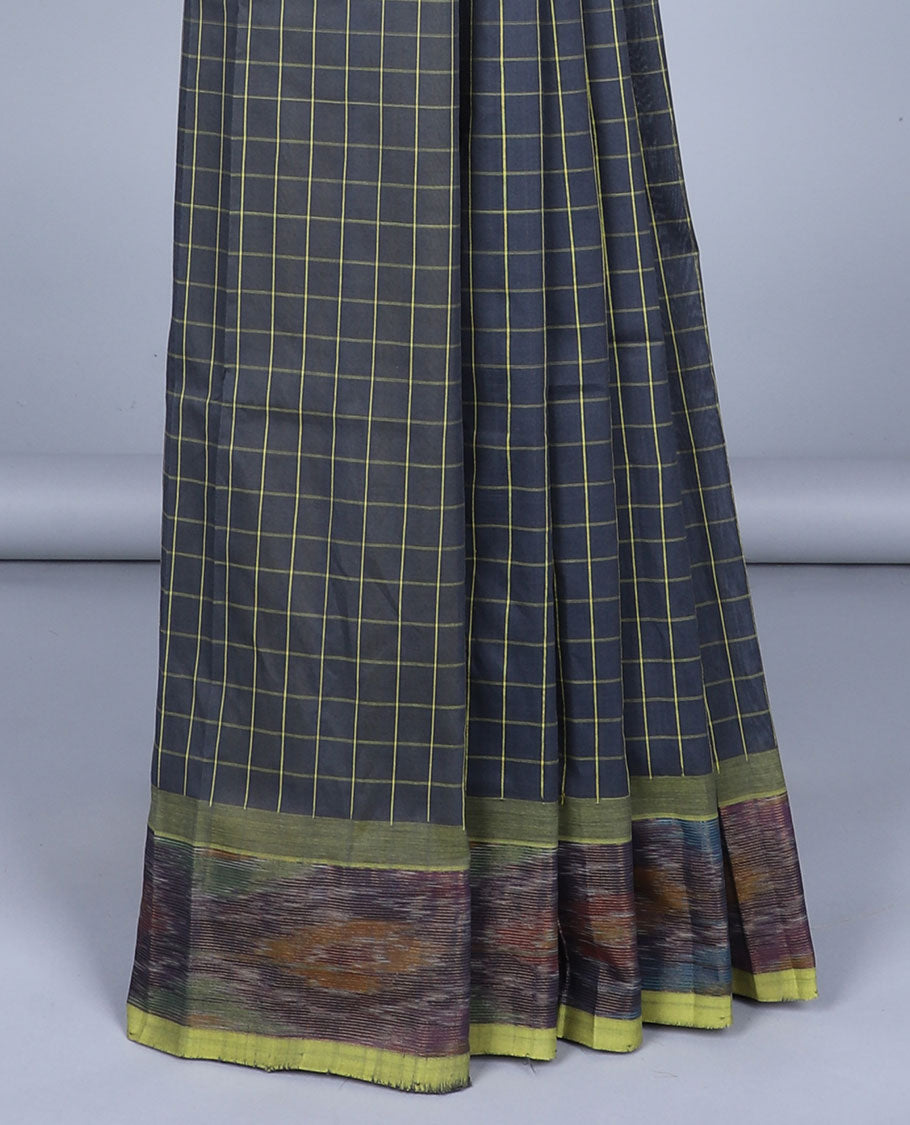 Blue checked kuppadam cotton saree, ikkat border & contrast pallu of stripes