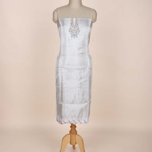 Silver chudidhar material set, neck embroidered top, contrast solid bottom & scallop embroidered dupatta