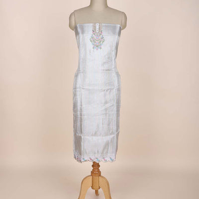 Silver chudidhar material set, neck embroidered top, contrast solid bottom & scallop embroidered dupatta