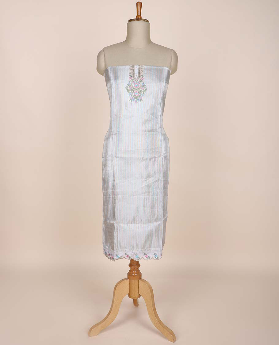 Silver chudidhar material set, neck embroidered top, contrast solid bottom & scallop embroidered dupatta