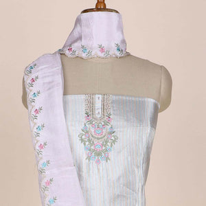 Silver chudidhar material set, neck embroidered top, contrast solid bottom & scallop embroidered dupatta