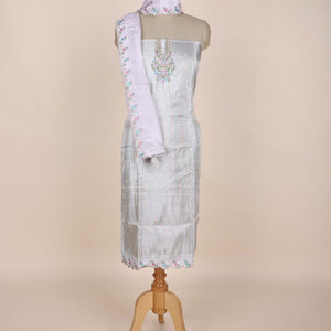 Silver chudidhar material set, neck embroidered top, contrast solid bottom & scallop embroidered dupatta