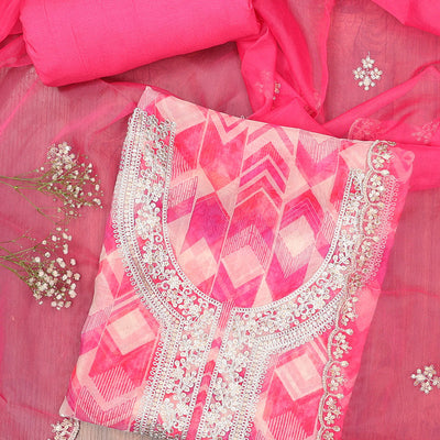 Pink chudidhar material set, geometric printed & embroidered top, plain bottom & scallop embroidered dupatta