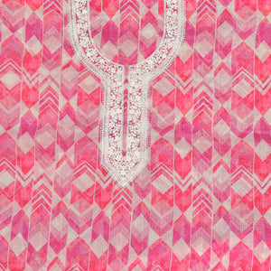 Pink chudidhar material set, geometric printed & embroidered top, plain bottom & scallop embroidered dupatta